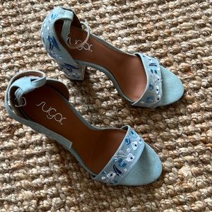 Sugar embroidered denim heels